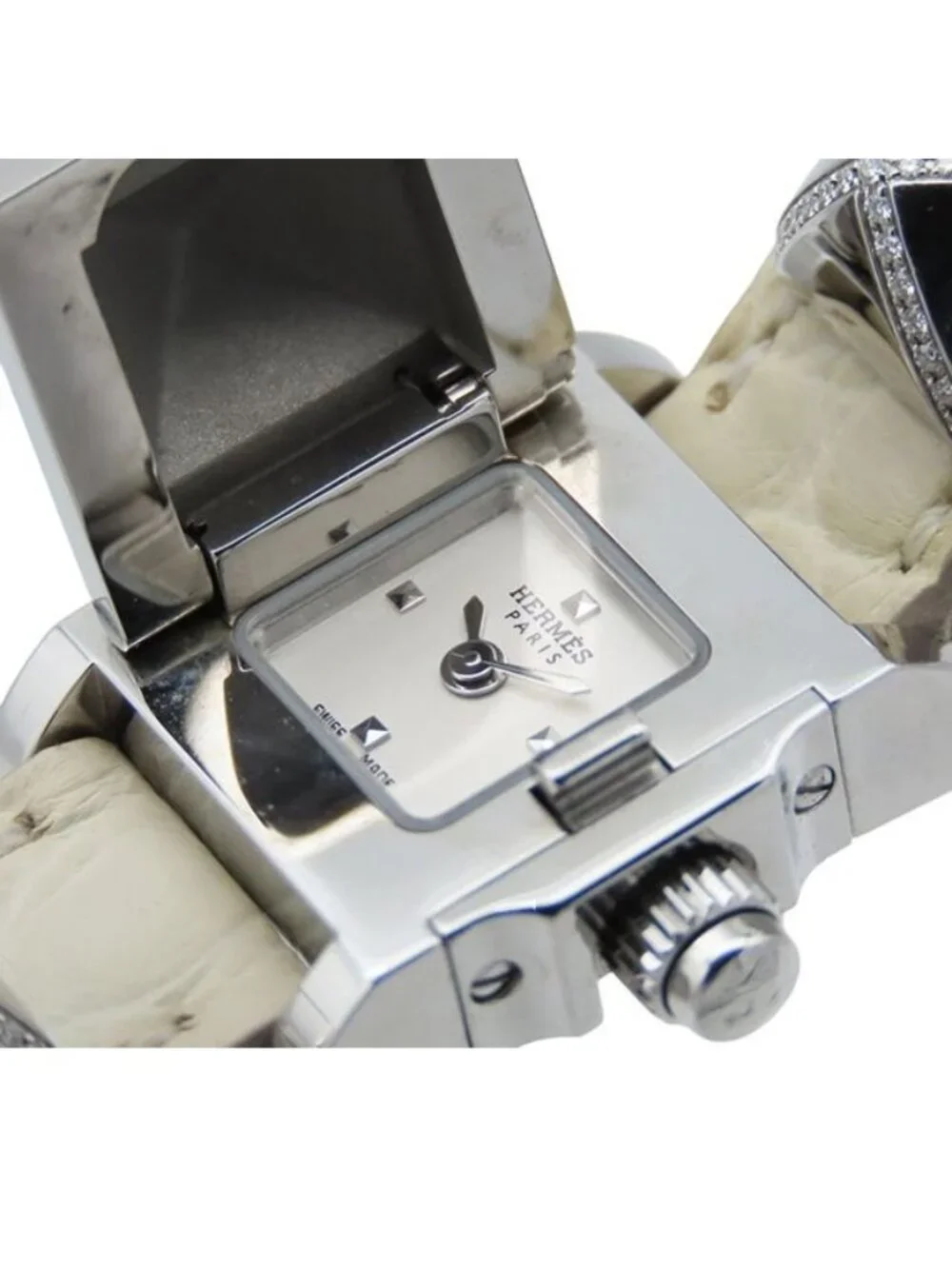 Hermes Mini Medor White SS Diamond Leather Watch
